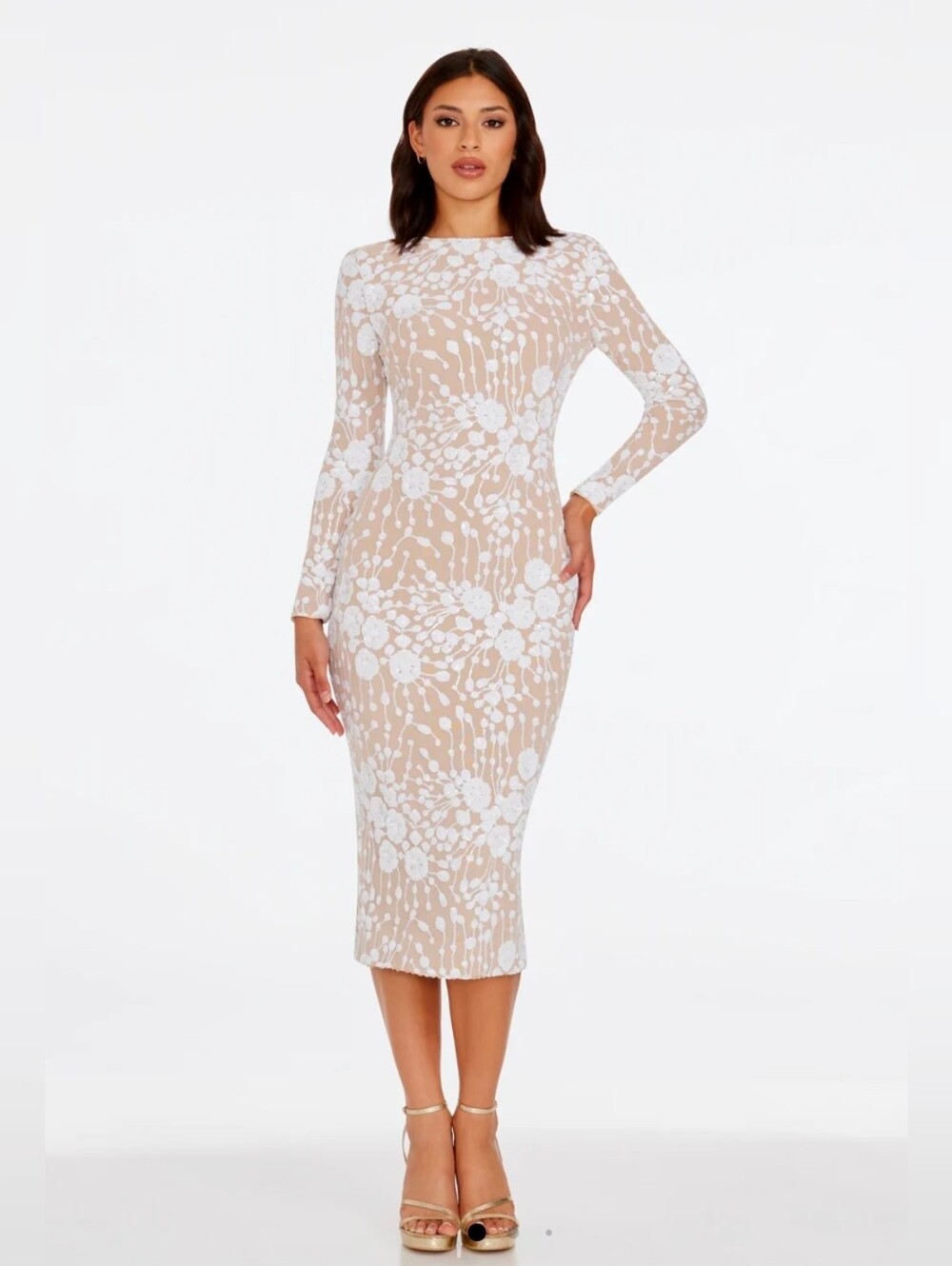 Dress the Population Emery Dress Beige Dress Sequin White Floral Lace Size 12-14